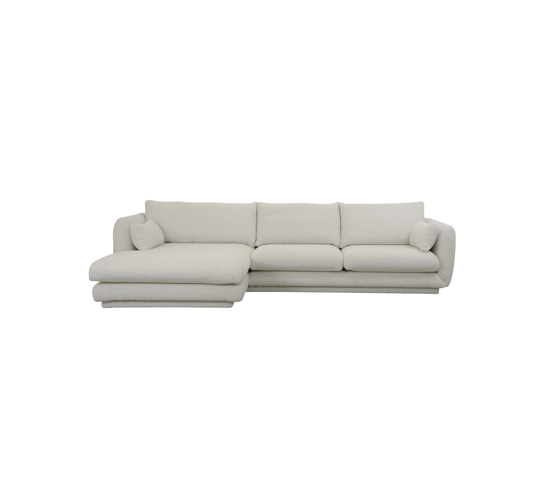 Moderne sandfarvet sektionel sofa med luksuriøse puder.