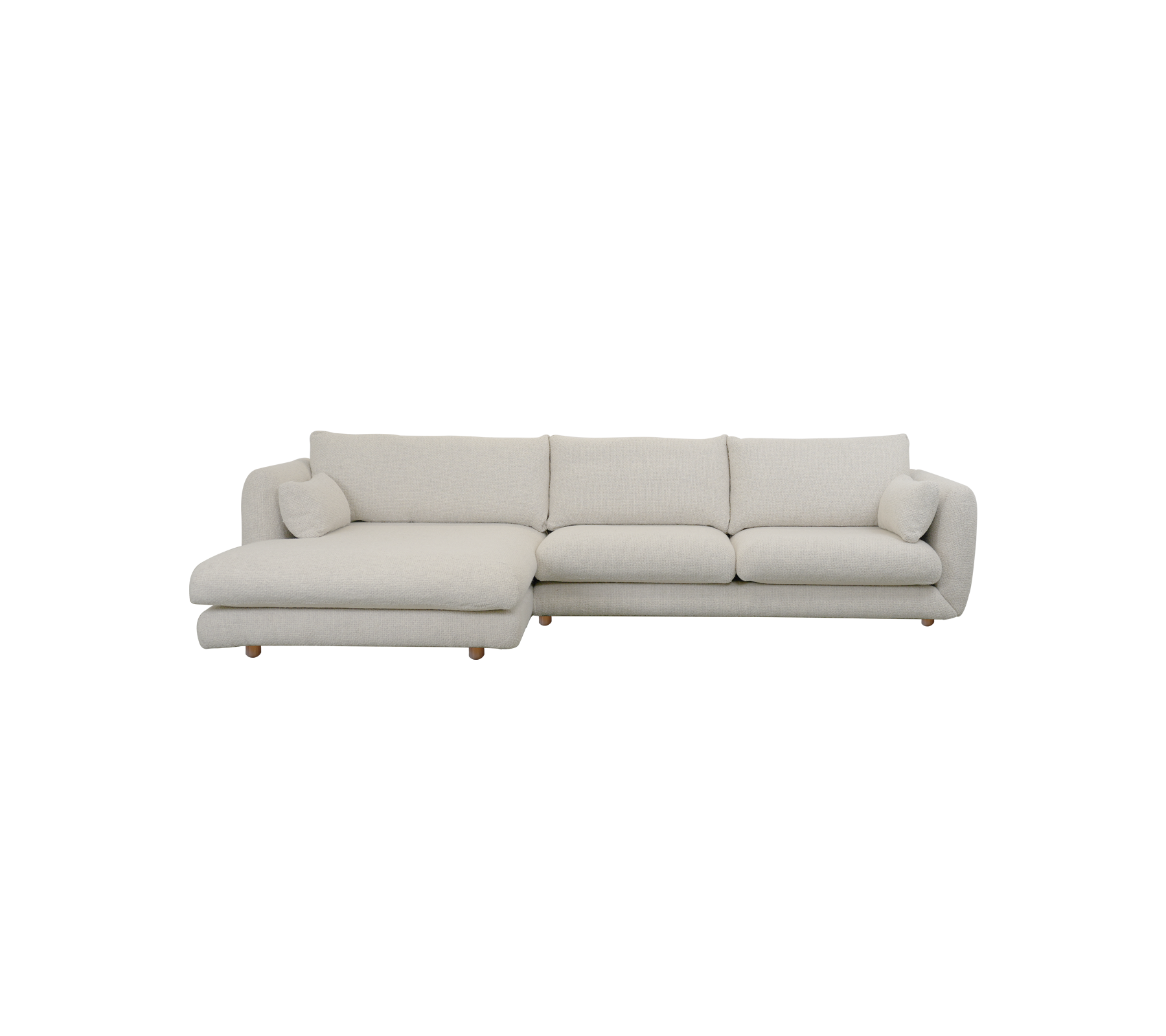Moderne sandfarvet sofa med chaiselongdesign.