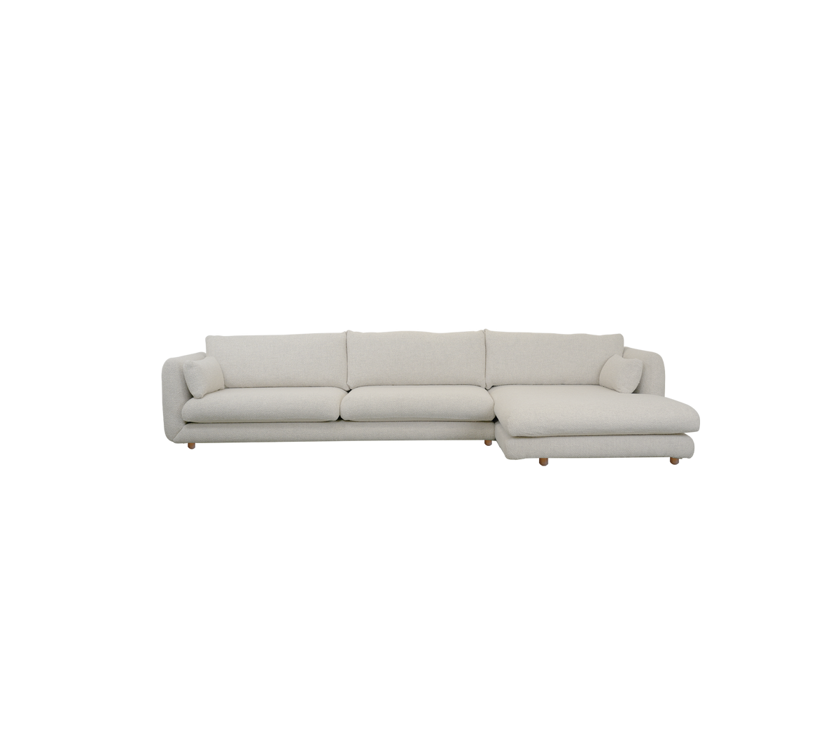 Moderne sandfarvet sofa med sektionelt design.