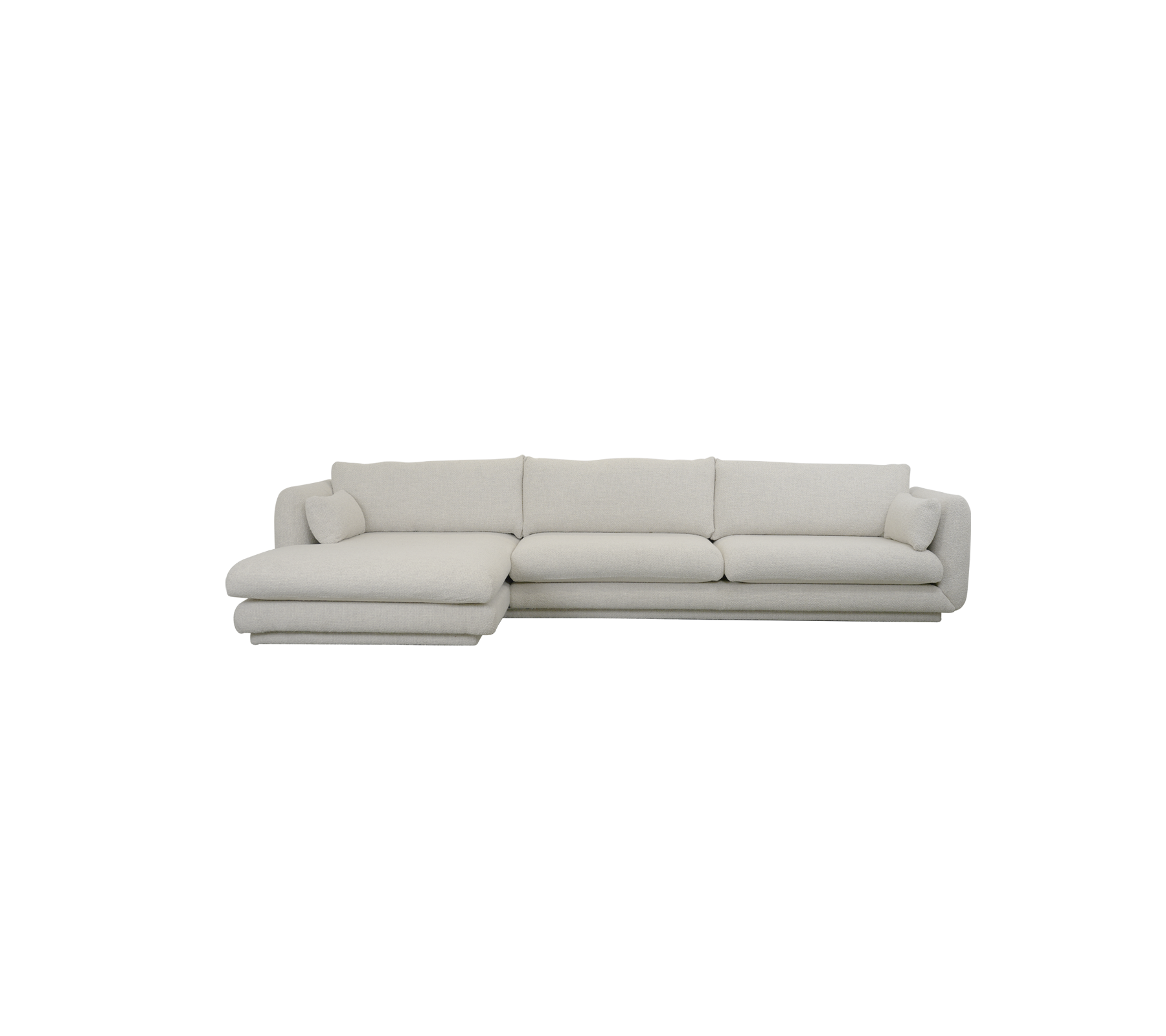 Moderne sandfarvet sofa med sektionelt design og bløde puder.