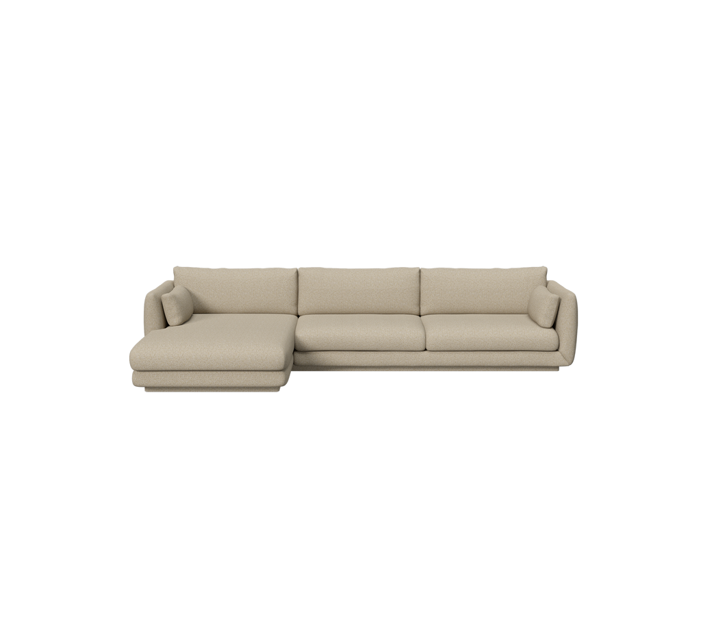 Beige sektionelt sofa med et slankt moderne design.