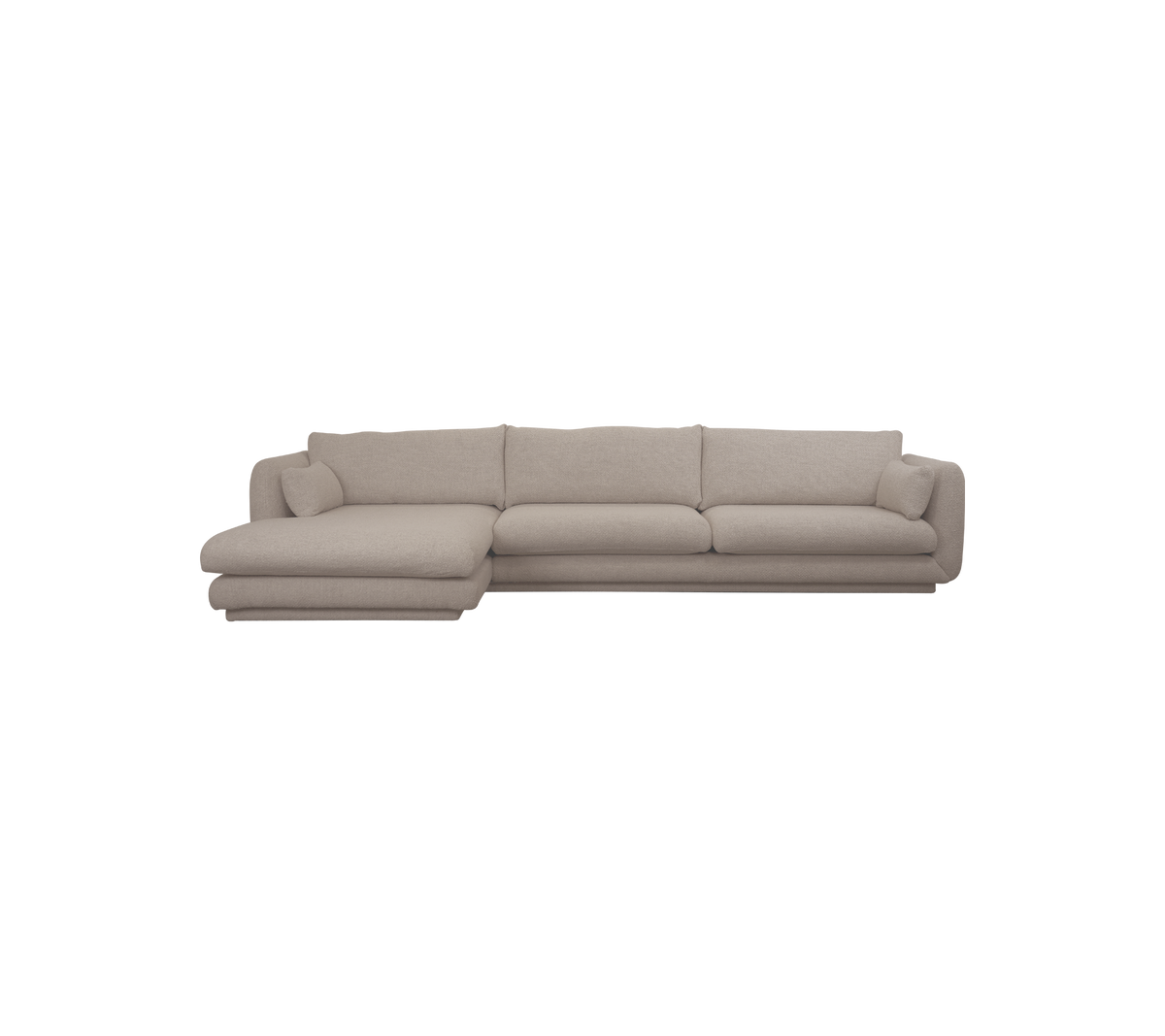 Lysebrunt hjørnesofa i et moderne lounge-miljø.