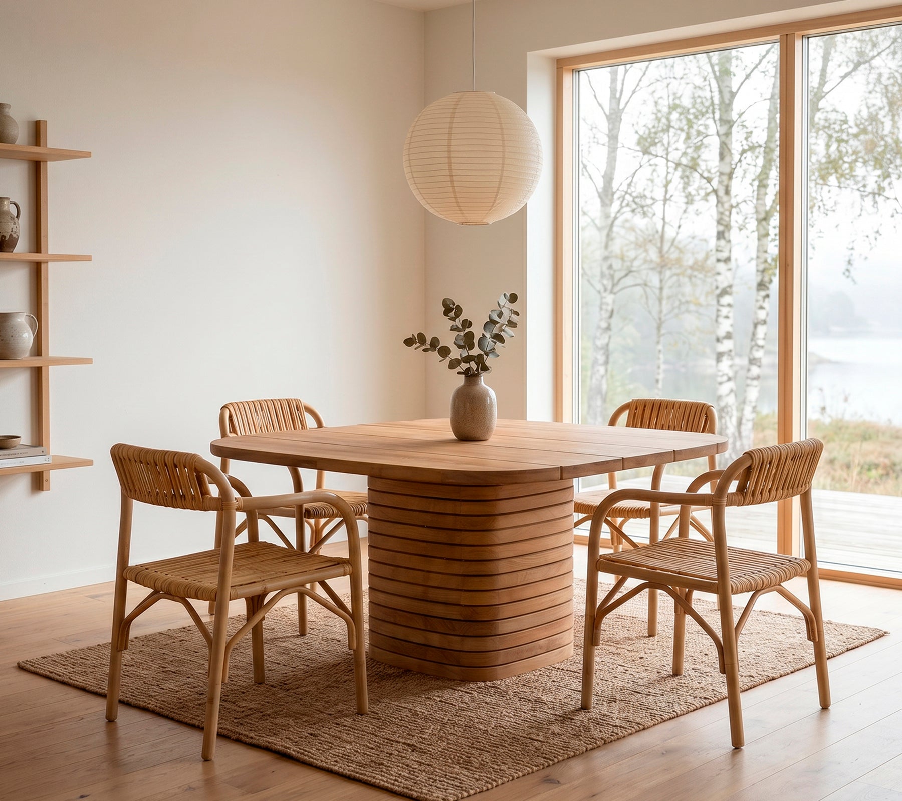 Minimalistisk træ spisebord med rattan stole og en blomster vase.