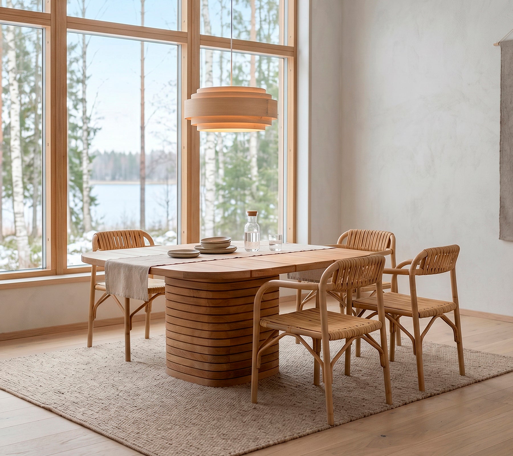Moderne træ spisestue bord omgivet af rattan stole i en skandinavisk indstilling.