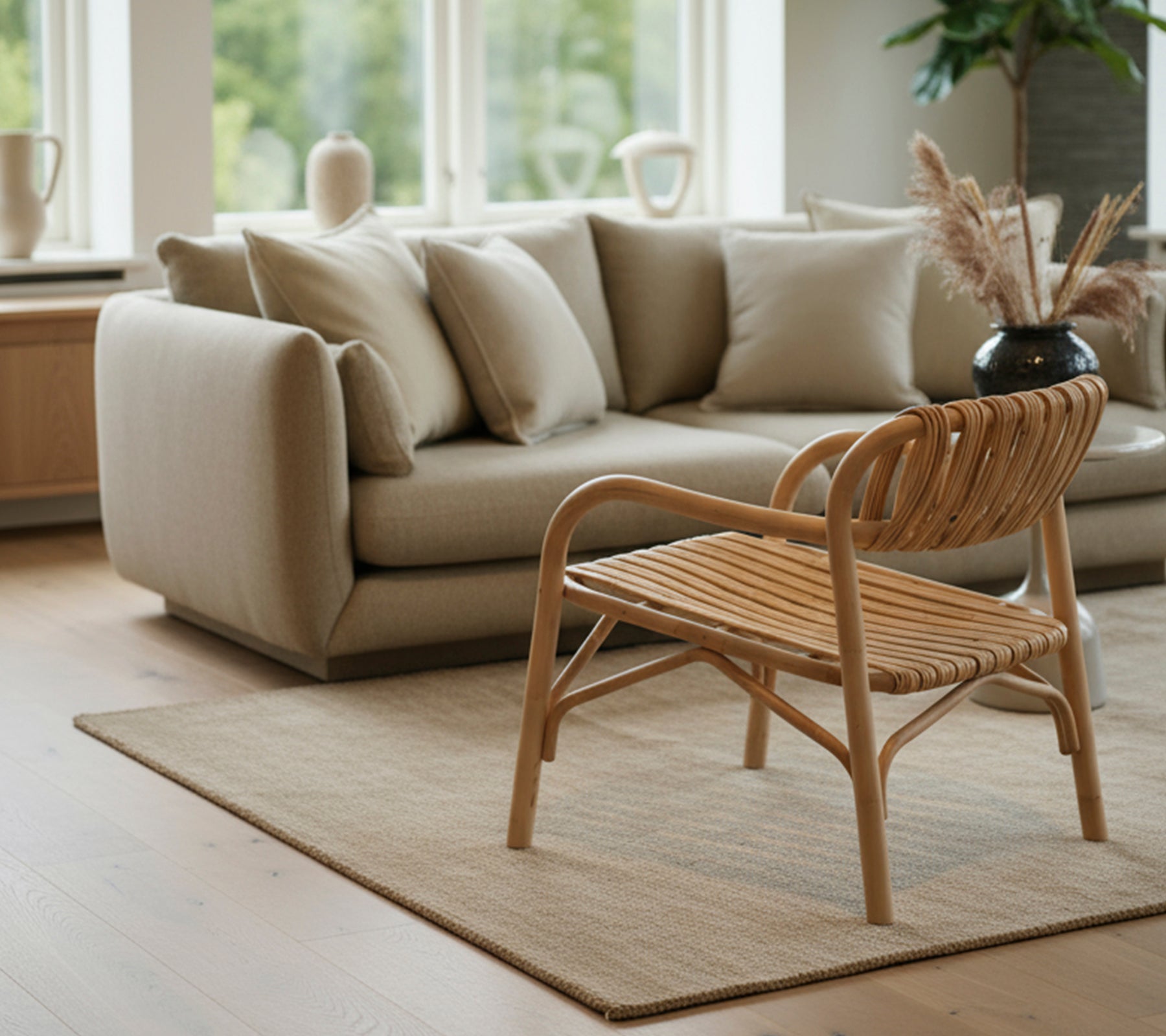 Moderne stue med en beige sofa og en vævet stol.