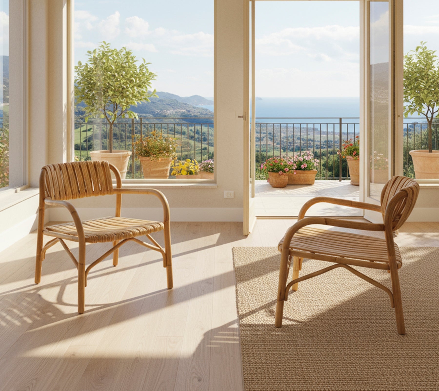 To moderne rattanstole placeret i en solbeskinnet lounge med en malerisk udsigt.