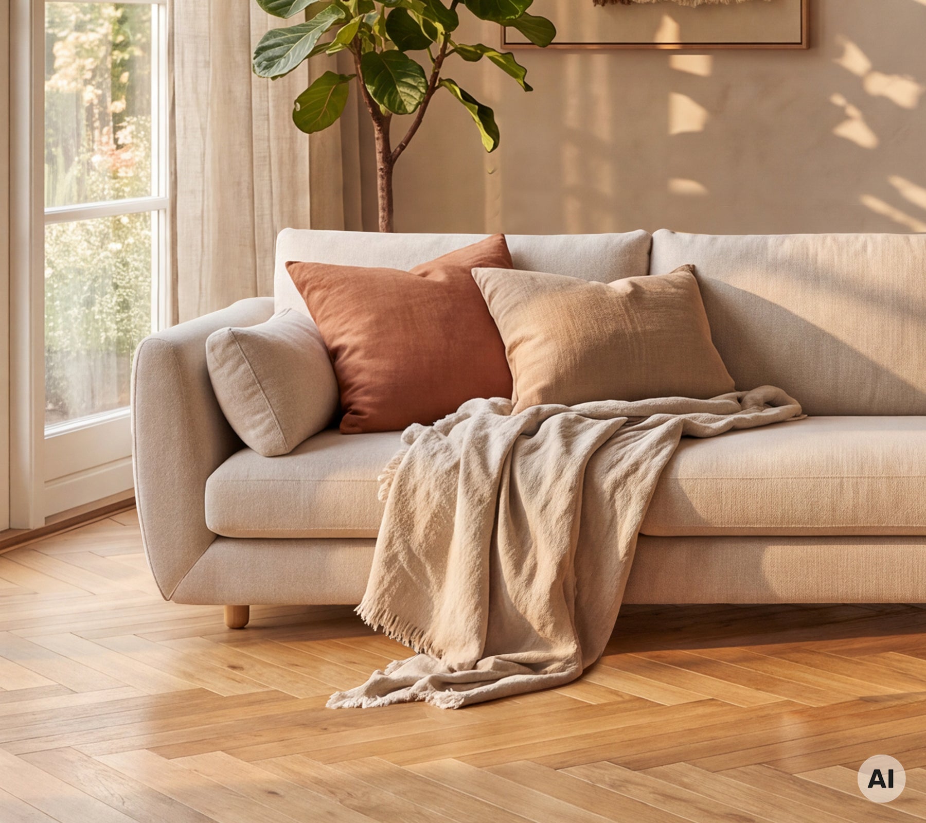 Moderne beige sofa prydet med brune og lysegrå puder, accentueret af et cremefarvet tæppe.