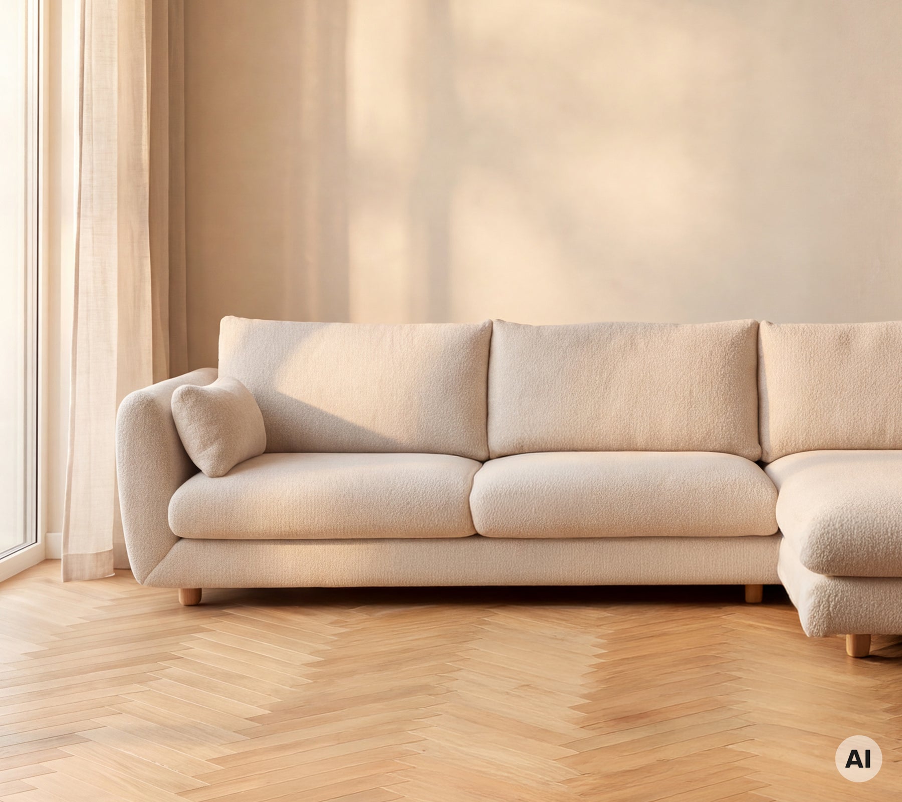 Beige sofa placeret mod en lys væg i et moderne loungemiljø.