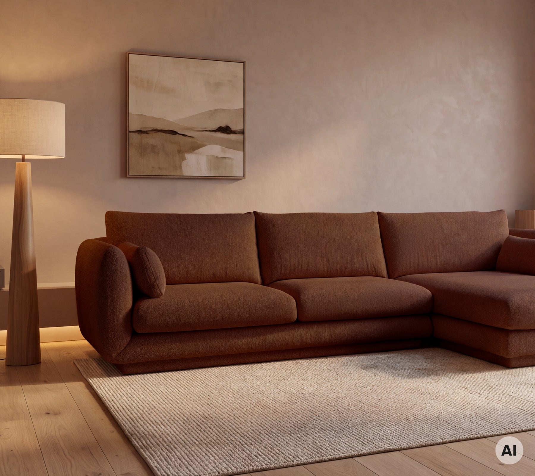 Brun moderne sofa med et beige tæppe og en gulvlampe i en hyggelig loungestil.
