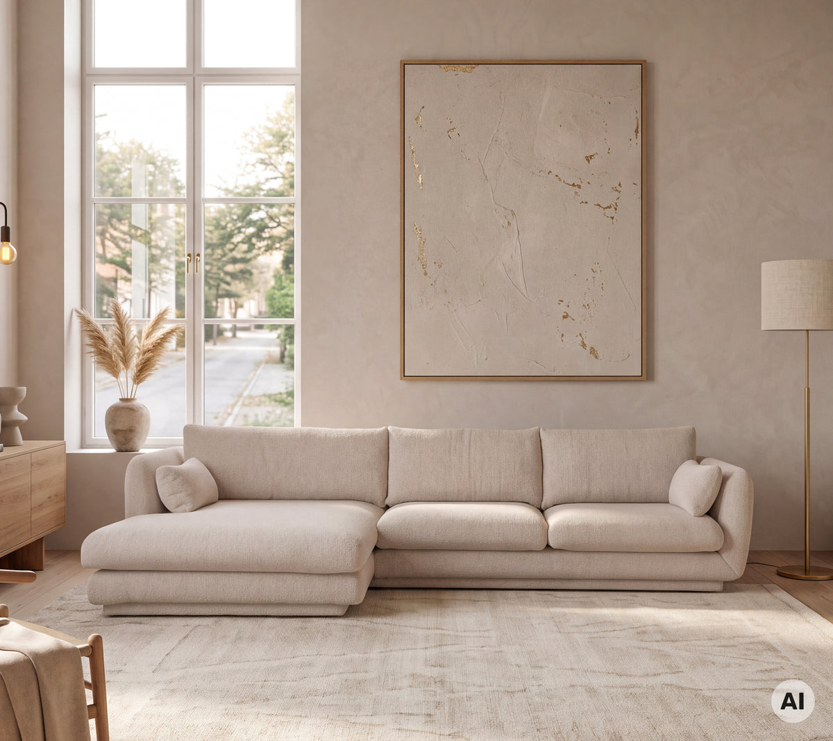 Lys beige sektionel sofa parret med en stålampe i et moderne lounge-miljø.