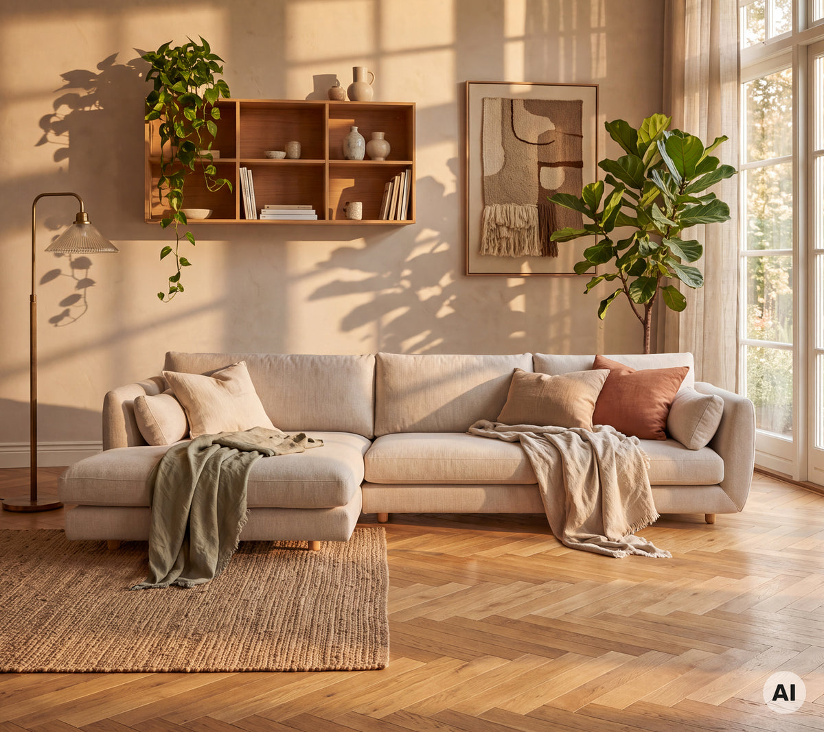 Lys grå sofa med grønne og lyserøde puder i en moderne loungestil.