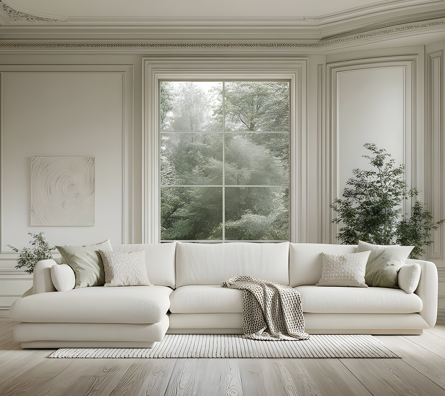 Moderne hvid sofa med grønne puder og et gråt tæppe i en minimalistisk stueindretning.