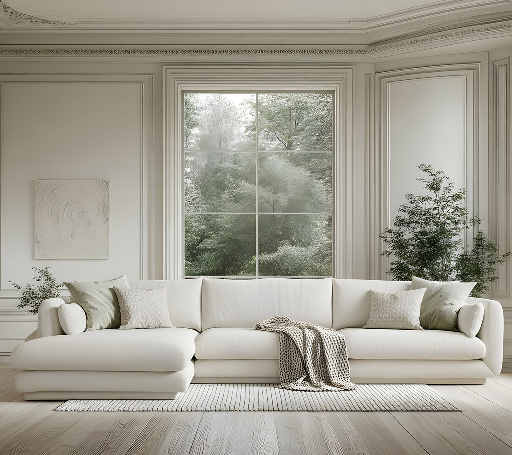 Moderne hvid sofa med grønne puder og et gråt tæppe i en minimalistisk stueindretning.