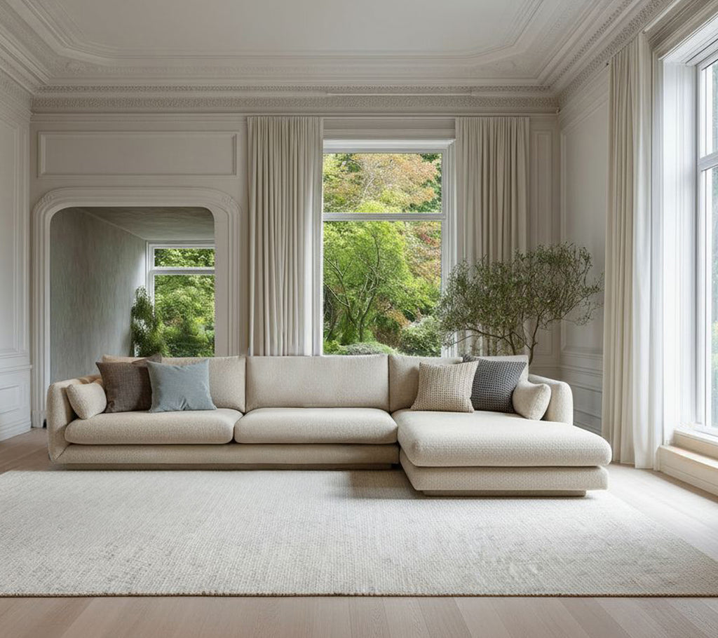 Beige moderne sofa med grå puder i en minimalistisk loungeindretning.
