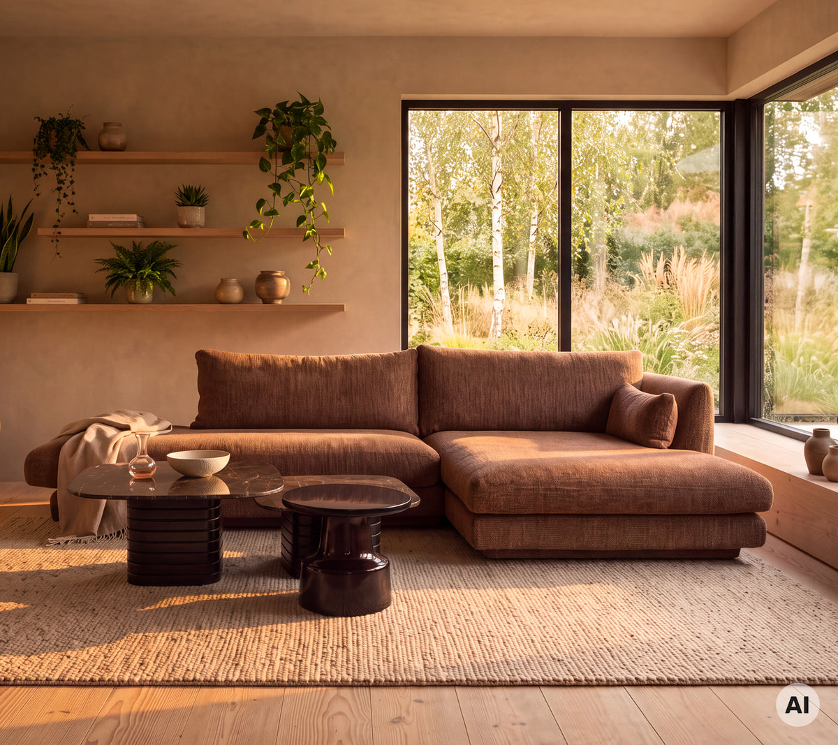 Brun sektionel sofa med et sort sidebord på et vævet tæppe i en moderne loungeindstilling.