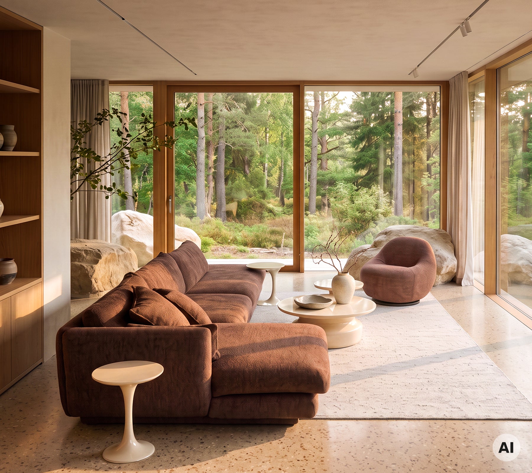 Moderne lounge med en brun sectional sofa, hvid sidebord og brun lænestol.