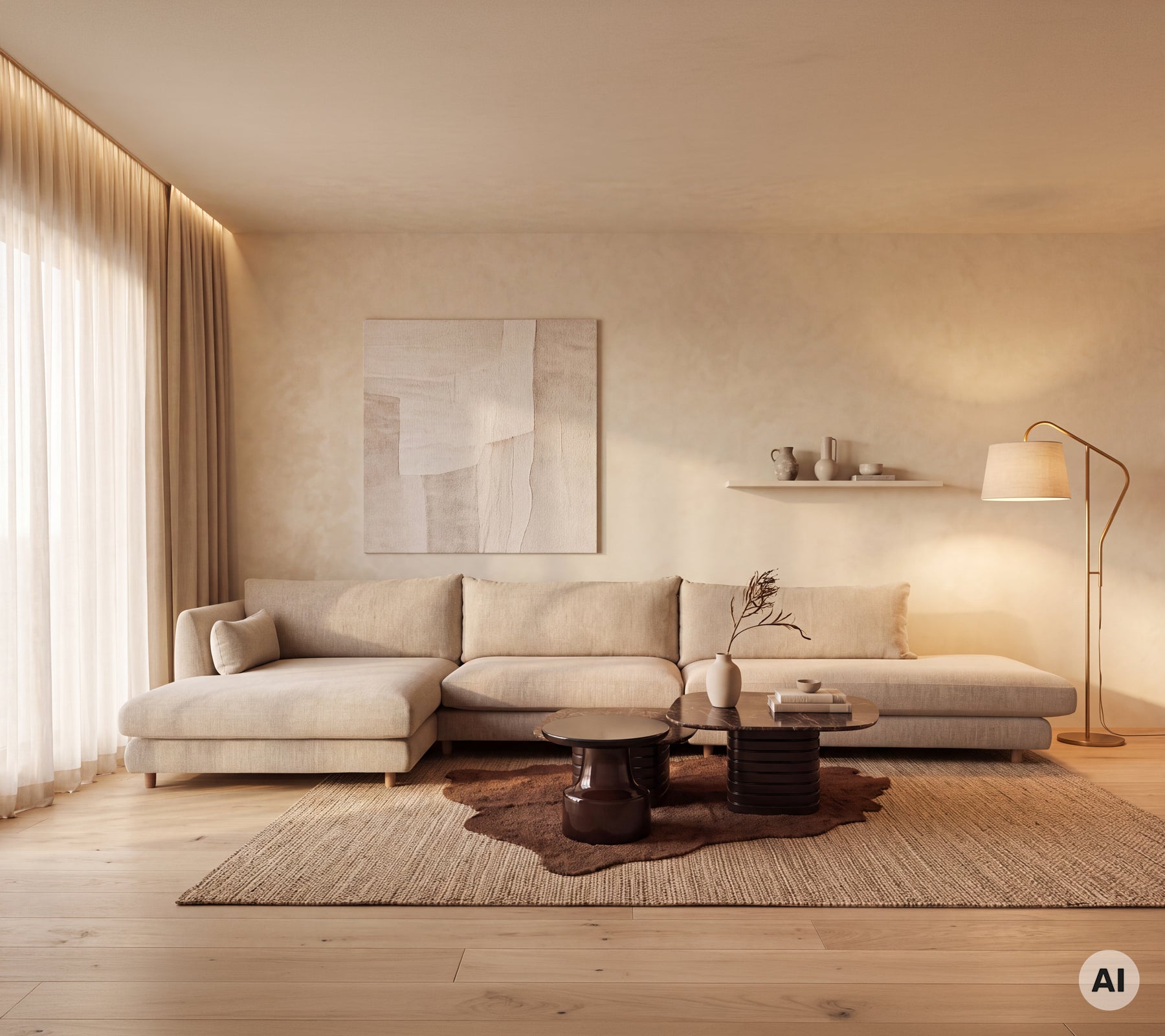 Beige sektionel sofa med trækaffebord og brun tæppe i en minimalistisk lounge.