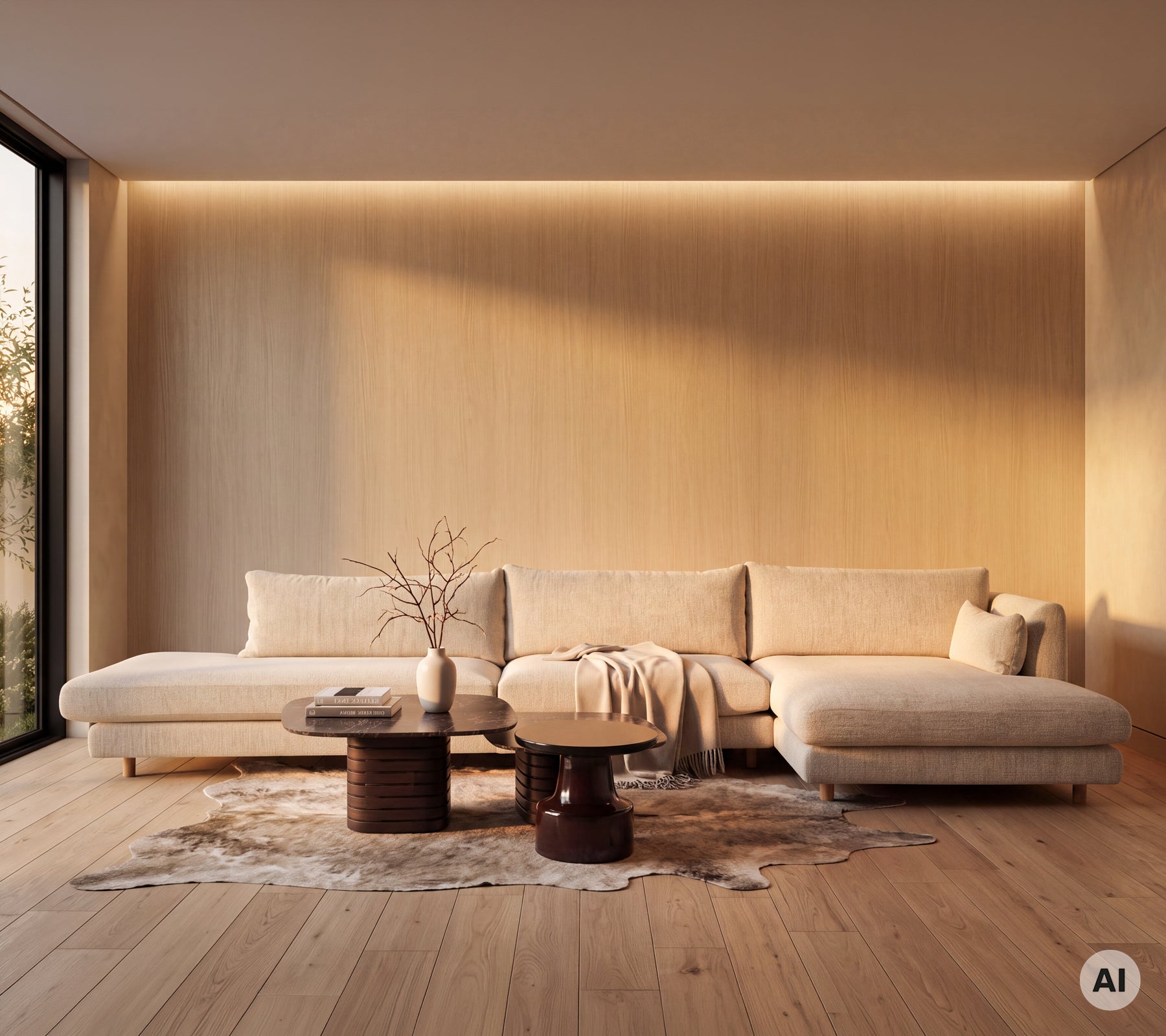Moderne lounge med en beige sofa, rundt træbord og hvidt tæppe.