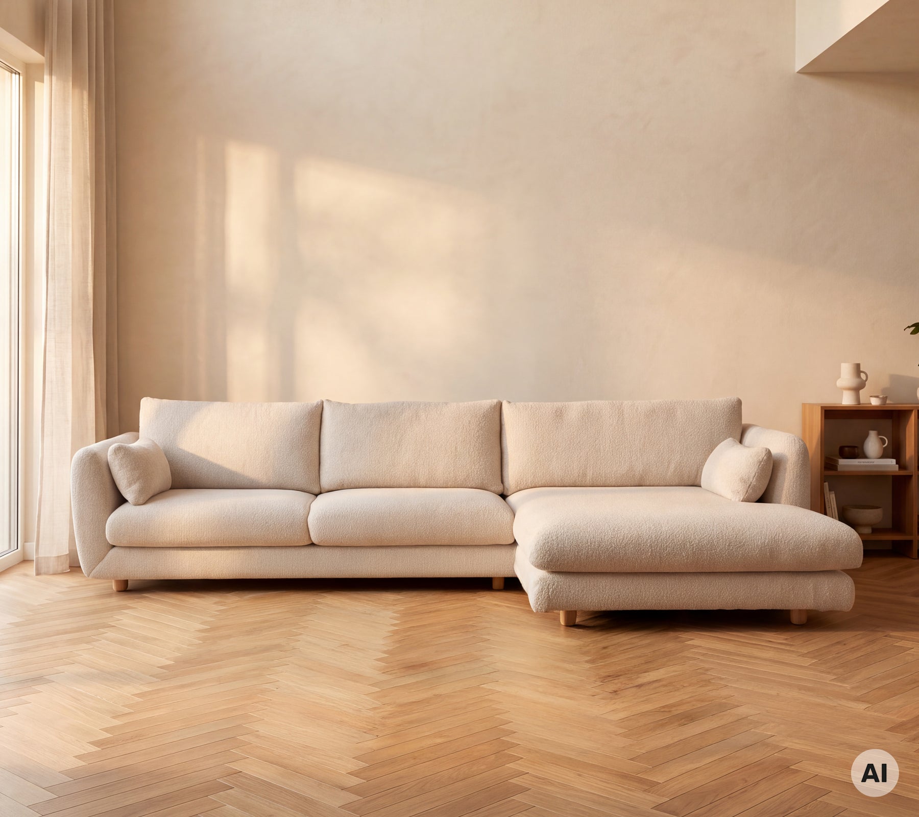 Beige moderne sofa placeret i en minimalistisk lounge med varmt lys.