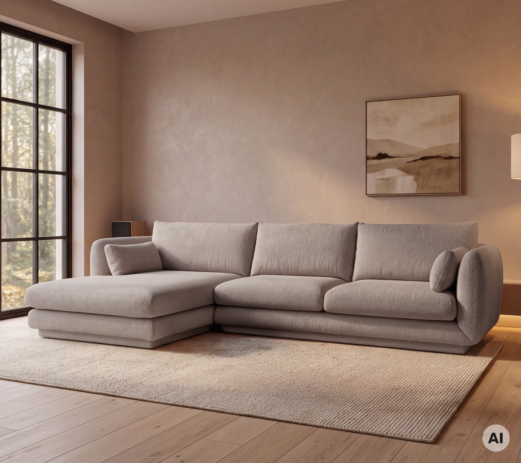 Moderne grå sofa i en hyggelig lounge med et stort vindue.