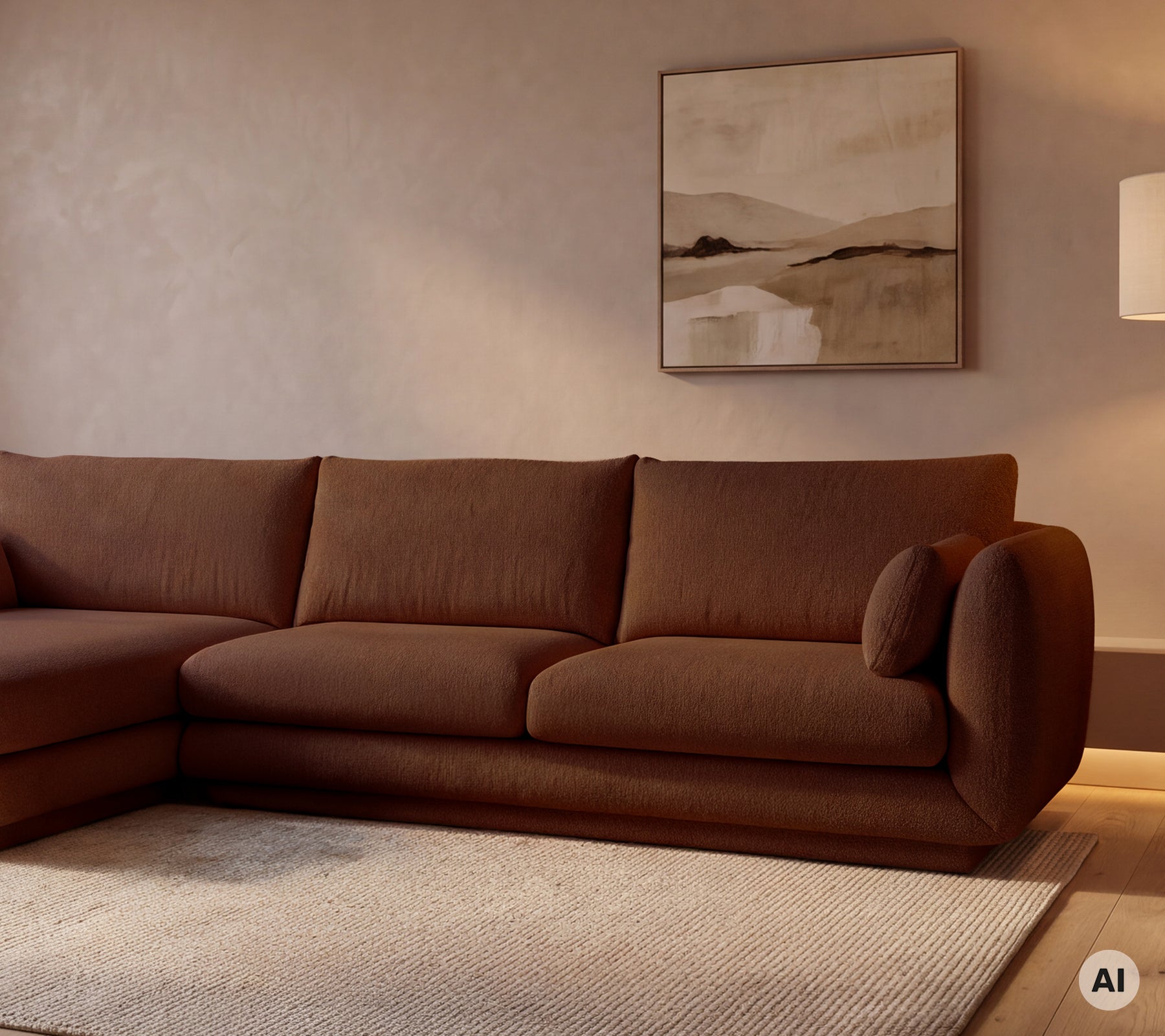 Moderne brun sofa i en stilfuld loungemiljø.
