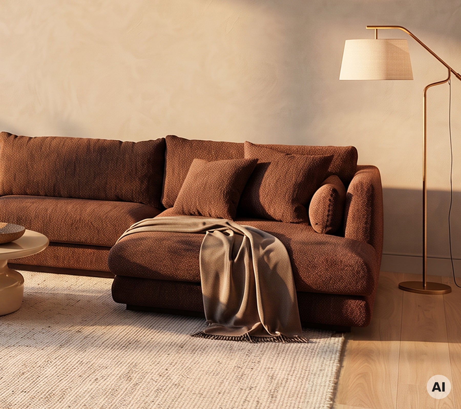 Brun sofa med puder og et tæppe ved et rundt sofabord og gulvlampe.
