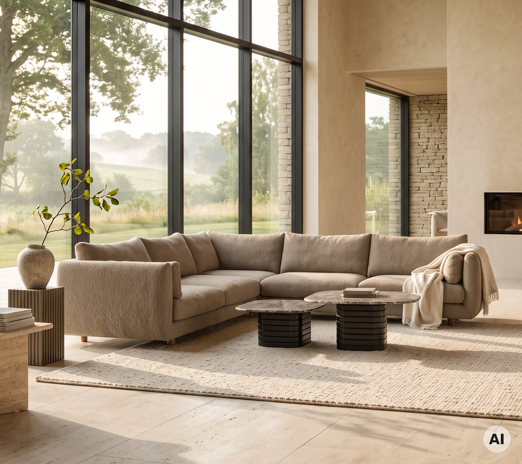 Beige sektionel sofa med grå plaid, sorte sideborde og en rund vase i et moderne lounge-setup.