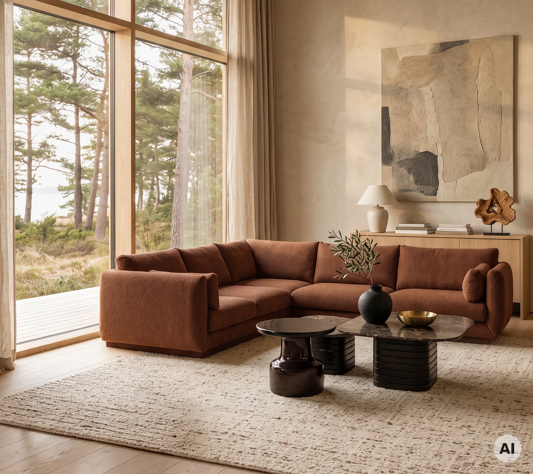 Moderne brun sofa med et sort sofabord og dekorativ vase i en minimalistisk stue.