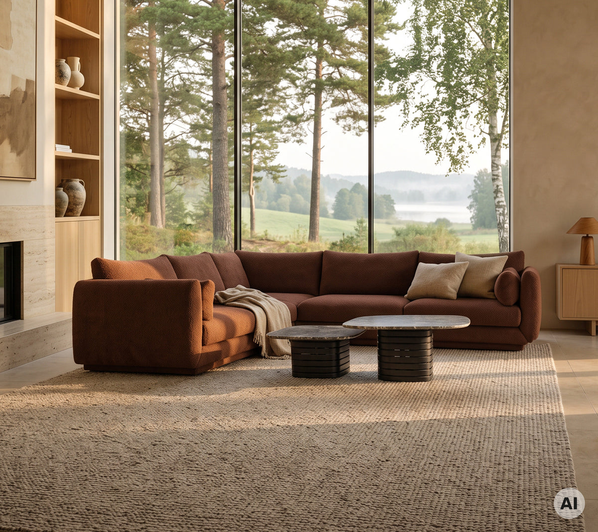 Moderne loungeområde med en brun sofa, hvid pude, rundt sofabord og sorte sideborde.