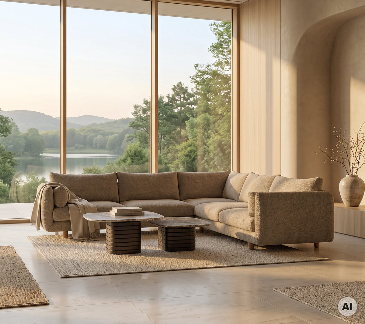 Beige sektionel sofa med et trækaffebord og et lyst tæppe i en moderne loungeindstilling.