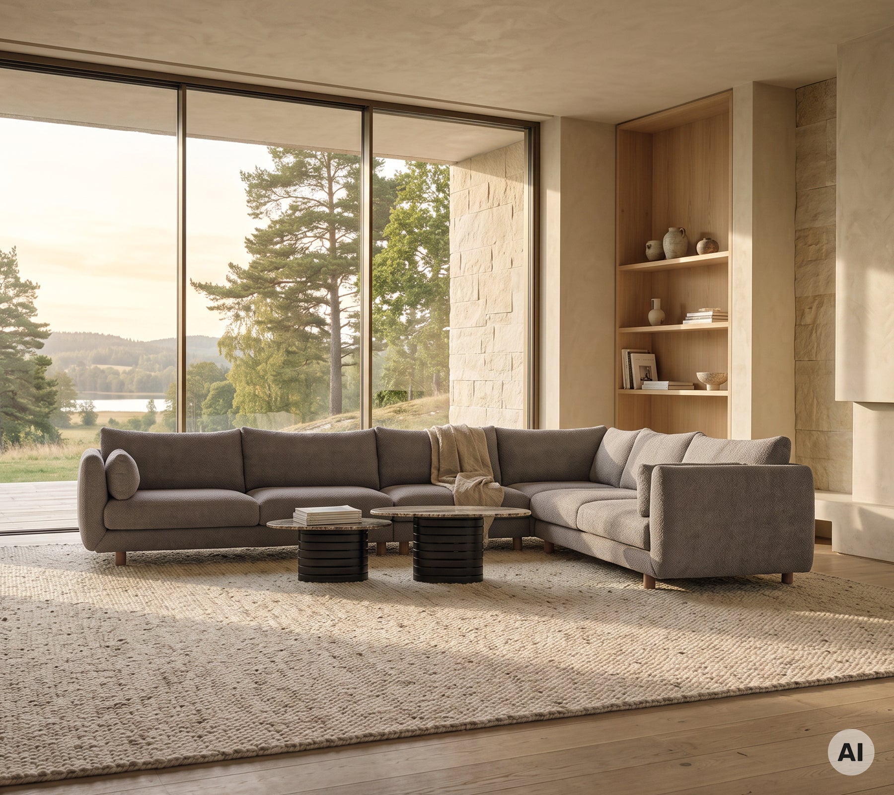 Moderne grå sofa parret med sort sofabord i et rummeligt loungesområde.