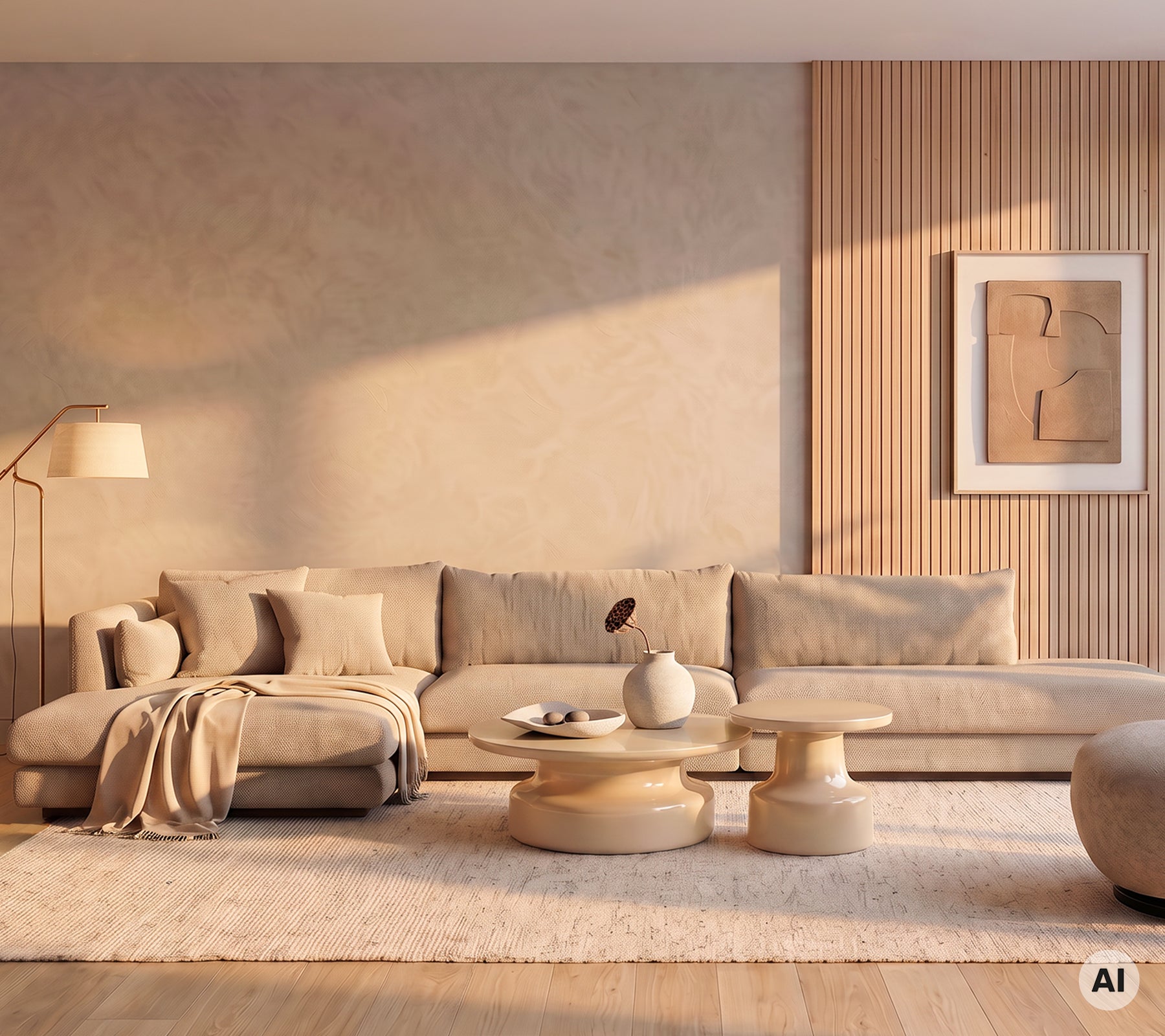 Beige sofa med puder og et rundt kaffebord i et moderne lounge-område.
