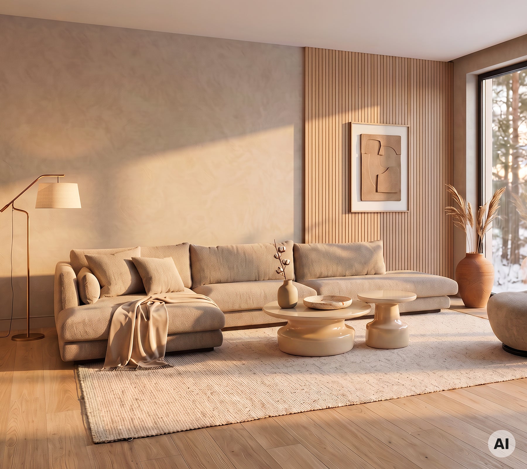 Moderne lounge med en beige sofa, lys beige tæppe, trækaffebord og en beige pouf.