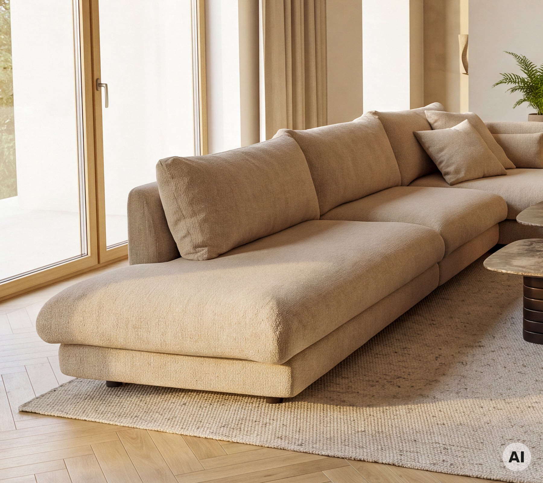 Beige chaiselong sofa modul med puder i en moderne loungeindretning.