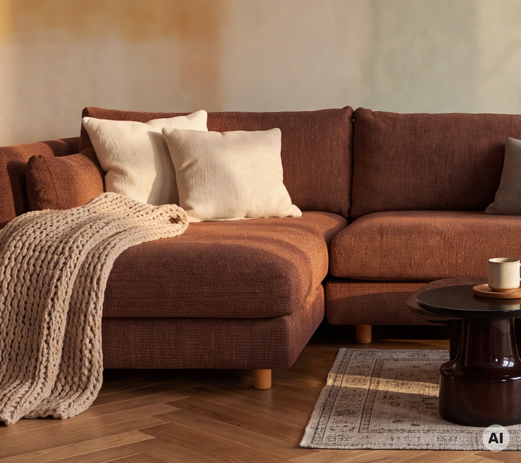 Hyggelig brun sofa med hvide puder og et brunt tæppe i et moderne lounge-miljø.