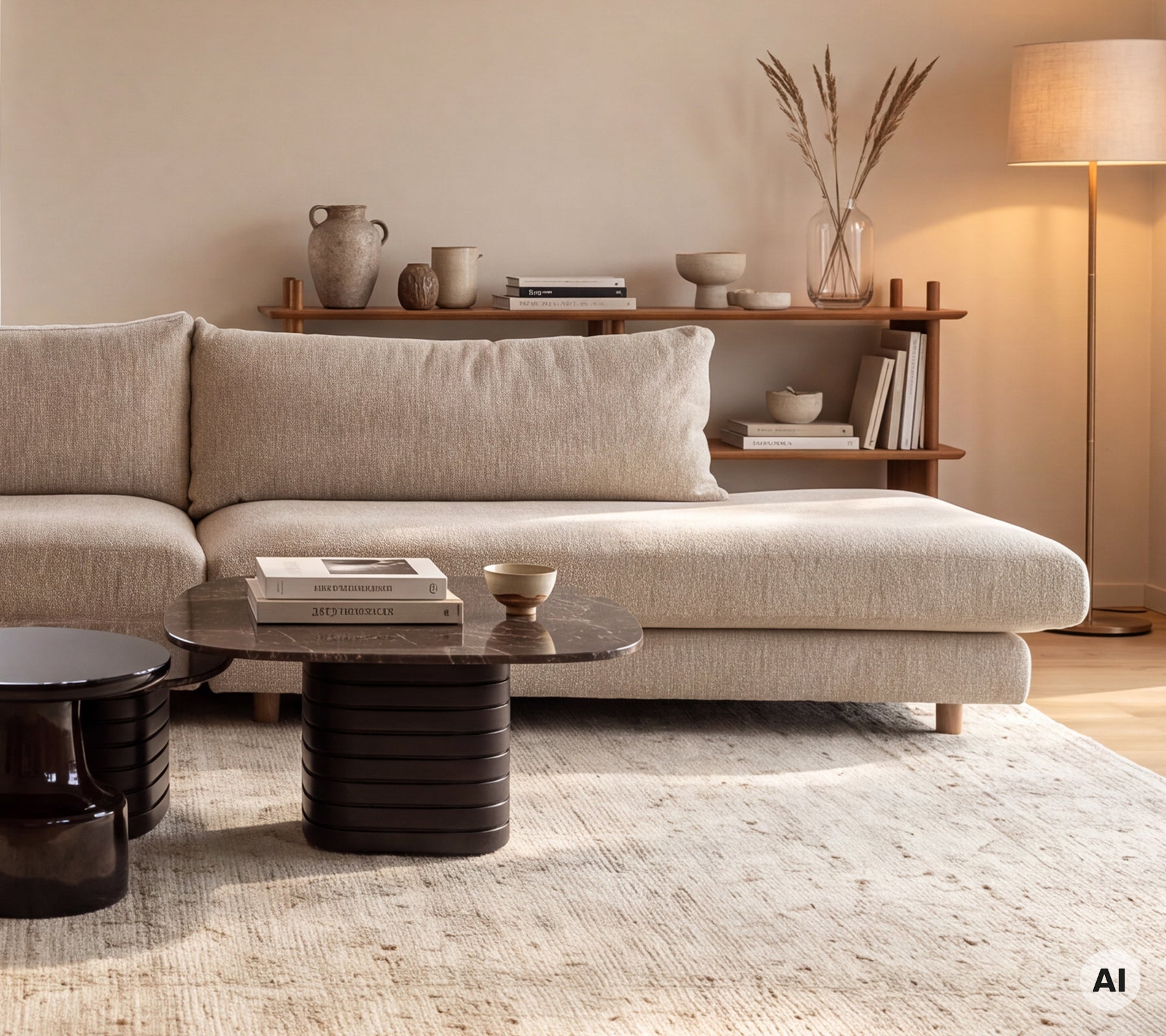 Beige sofa parret med et sort bord i en moderne loungeindstilling.