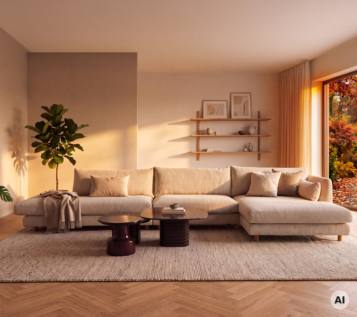 Beige sofa med et rundt sort bord og en grøn plante i en moderne loungeindretning.