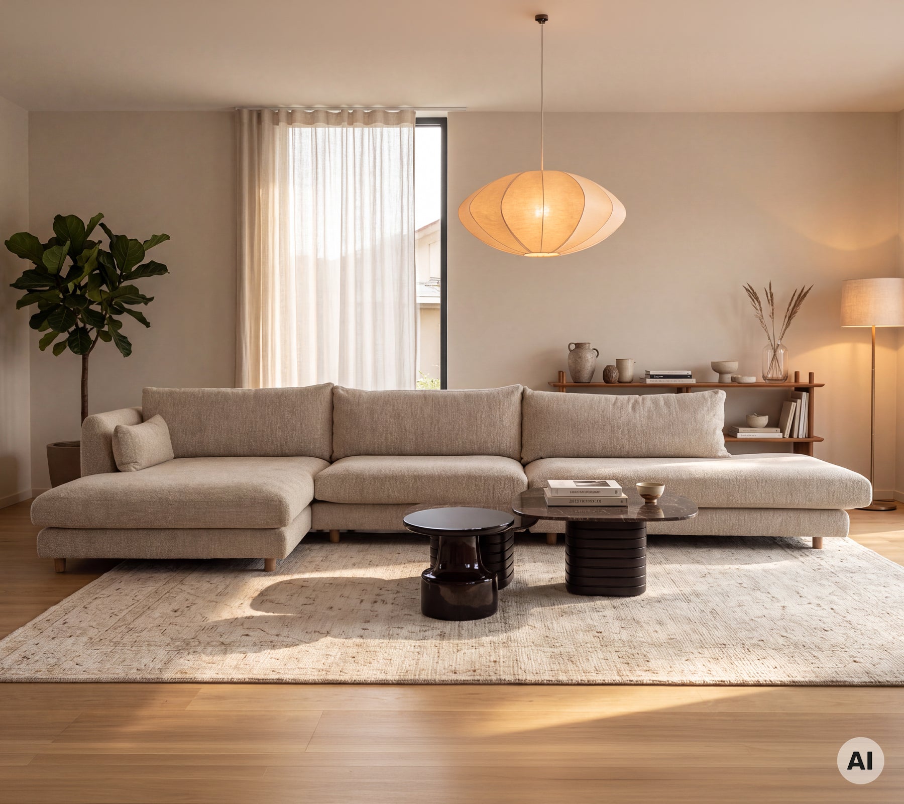 Moderne lounge med en lys sofa modul og sorte sideborde i et minimalistisk miljø.