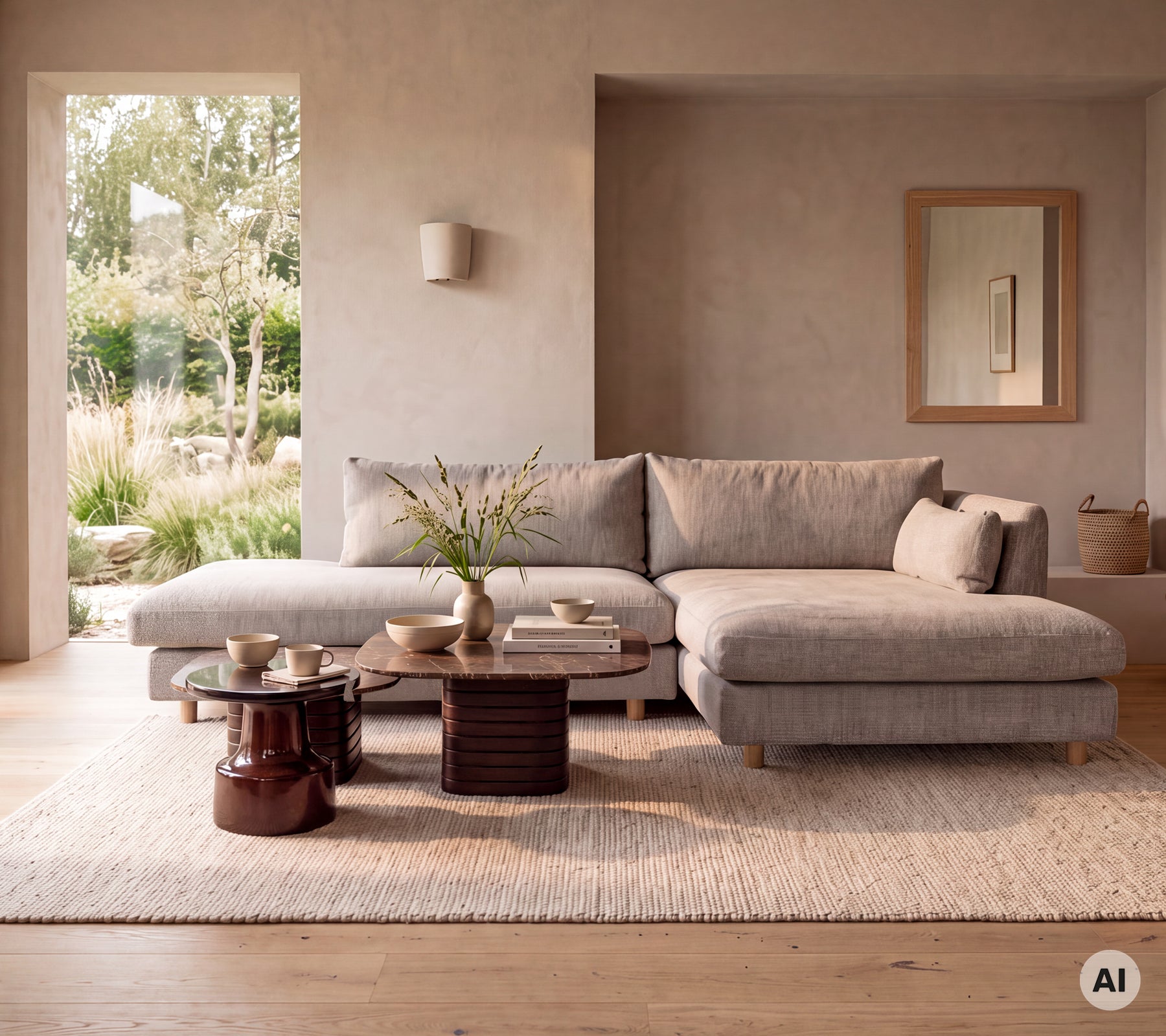 Moderne grå sofa med træbord og hvid vase i en minimalistisk loungeindstilling.