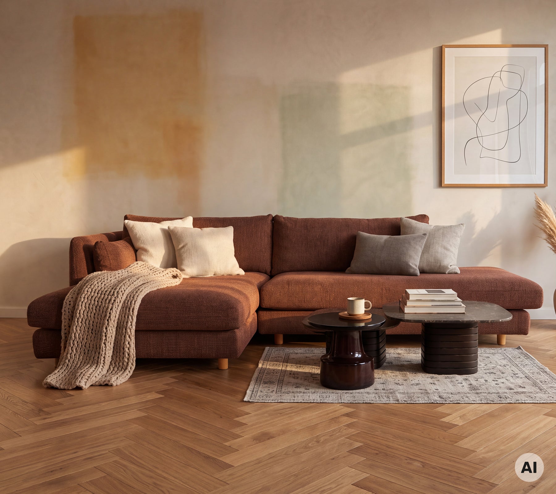 Moderne lounge med en brun sofa, grå puder og et sort kaffebord.