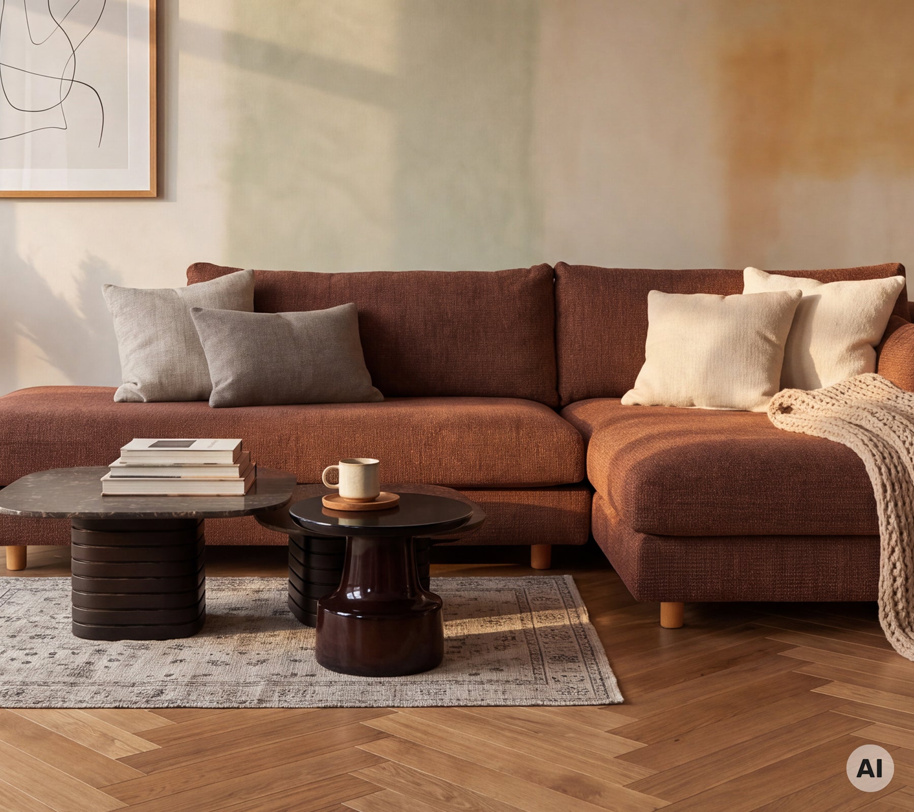 Hyggeligt loungeområde med en brun sofa med grå og cremefarvede puder og et sort bord.
