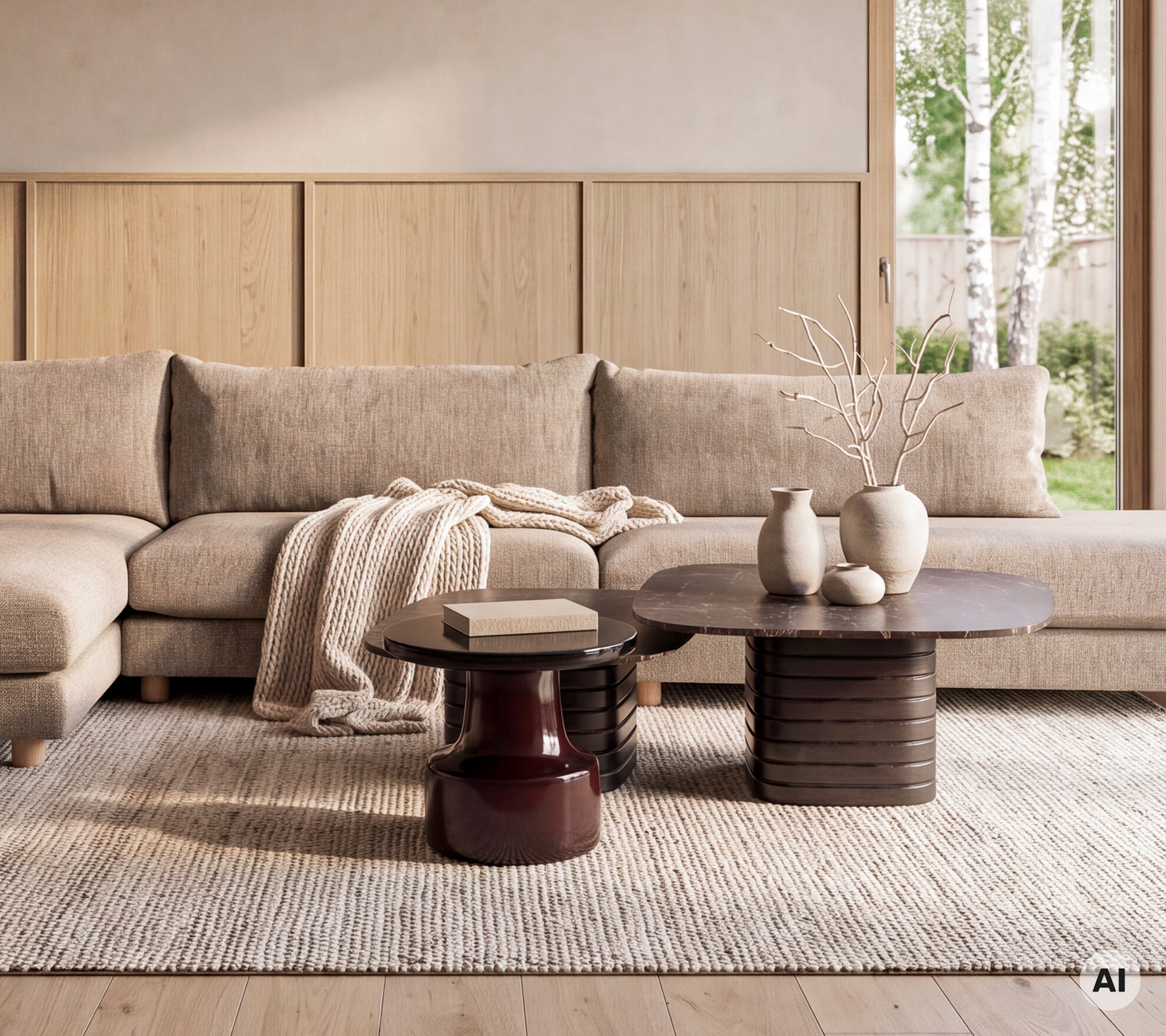 Moderne loungeområde med en beige sofa, brune og røde runde borde med dekorative vaser.