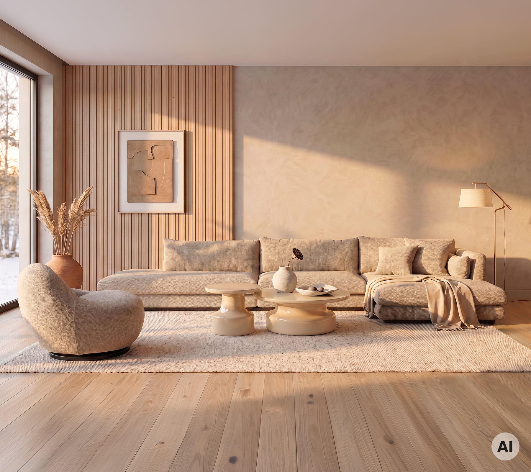 Beige sofa og chaiselong med rundt kaffebord i en moderne loungestil.