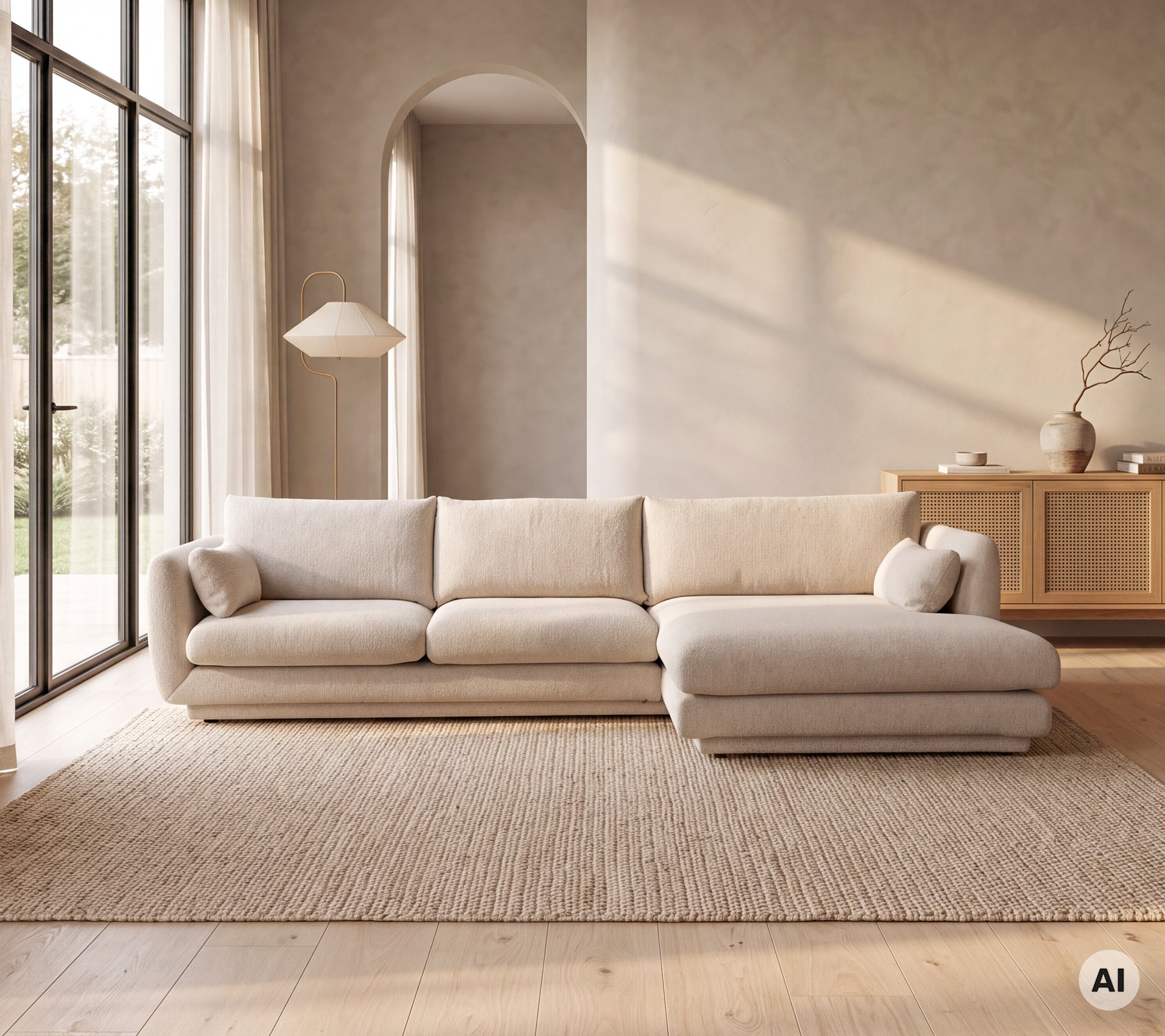 Moderne beige sofa i en minimalistisk stue med et tæppe.