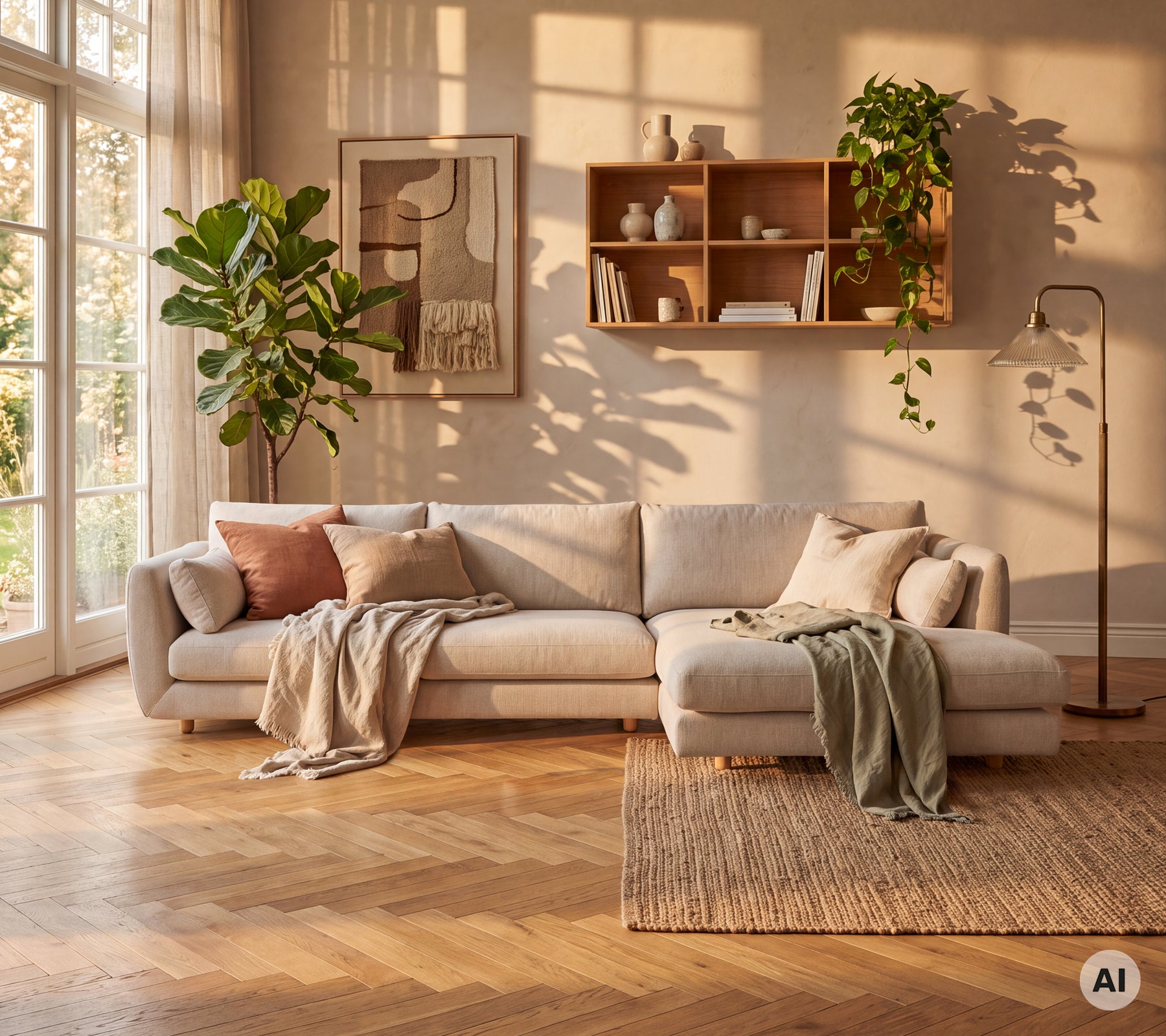 Hyggelig moderne stue med en beige sofa, en pink pude, et grønt tæppe og et brunt tæppe.