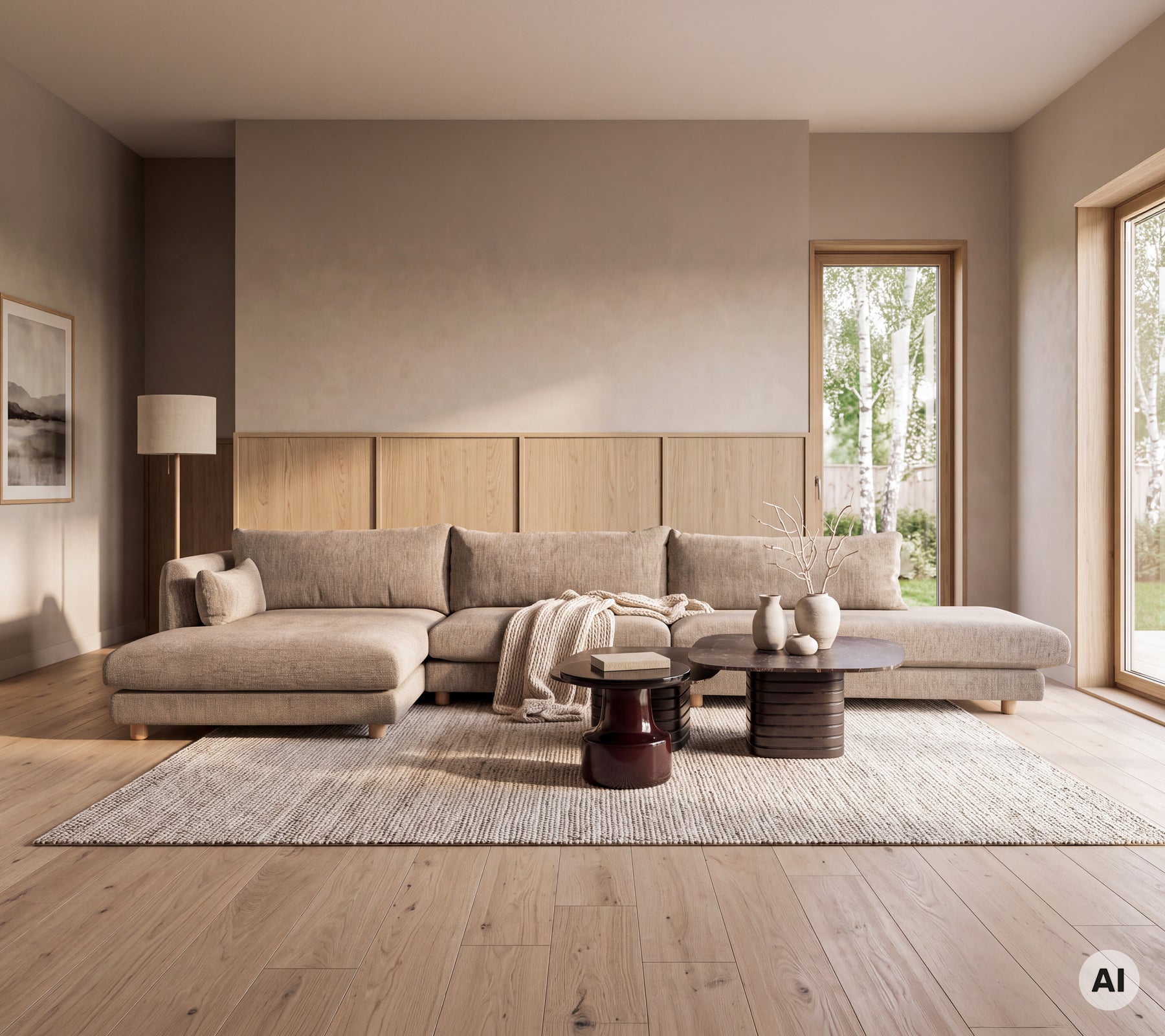 Moderne lounge med en sofa, træsidebord og et tæppe i et minimalistisk miljø.