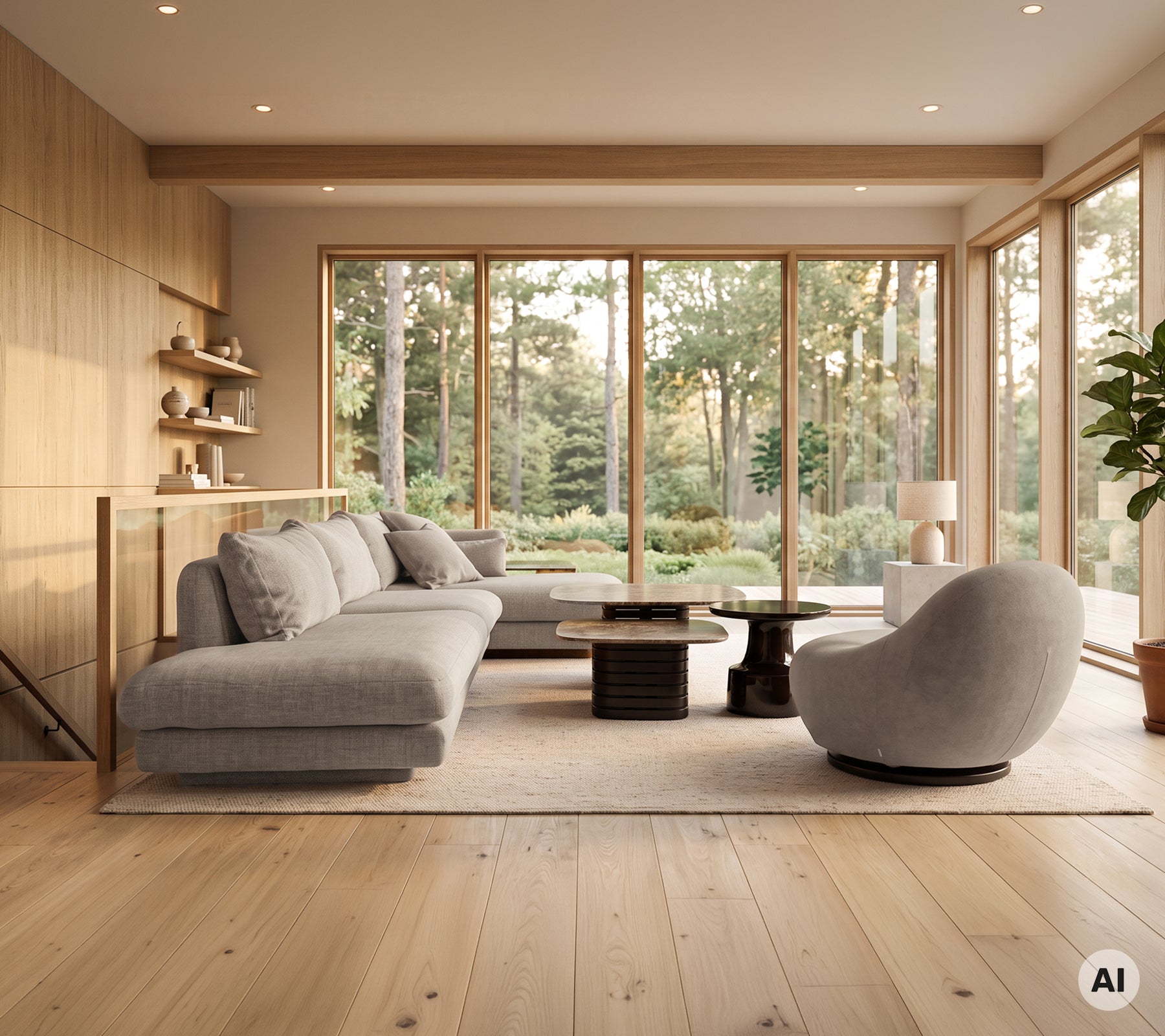 Moderne lounge med grå hjørnesofa, sort sofabord og hvid lænestol.