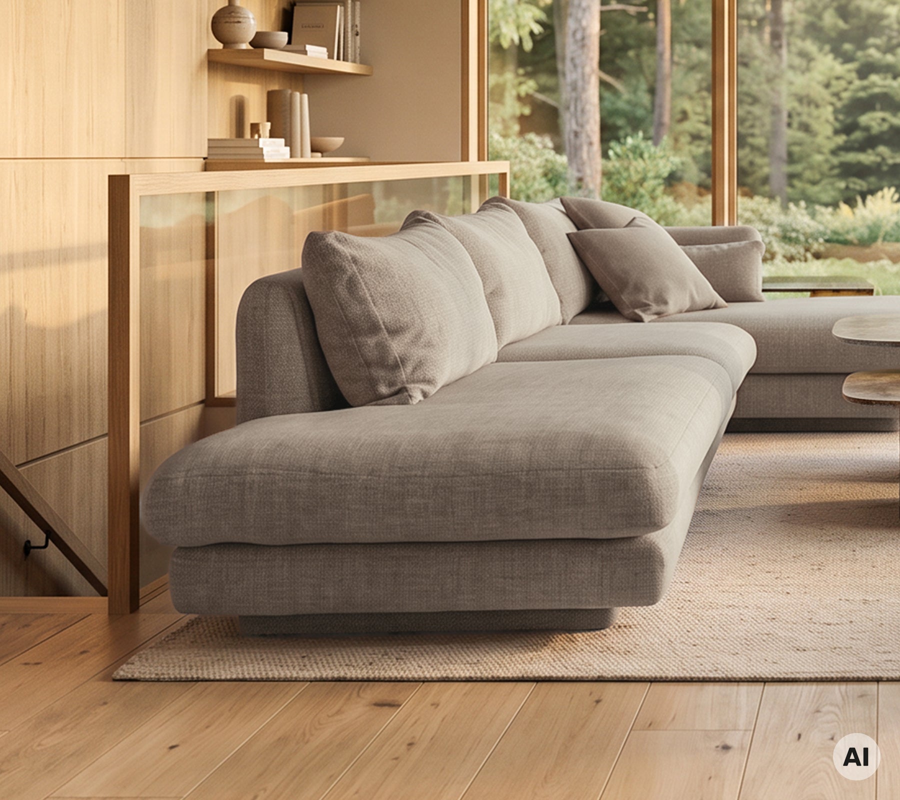 Moderne grå sofa med matchende puder i en minimalistisk loungeindstilling.