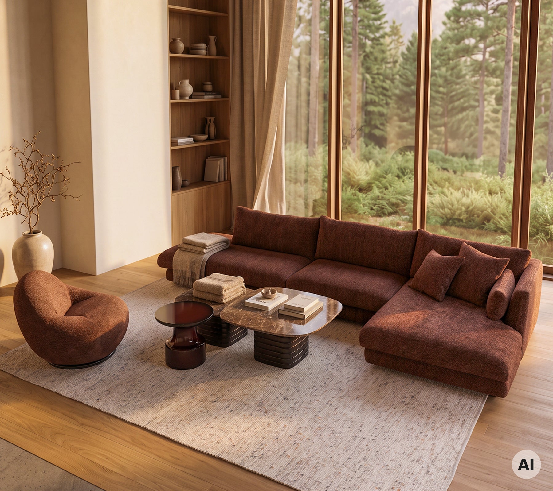 Hyggelig loungemiljø med en brun chaiselongsofa, accentstol og rundt sofabord.