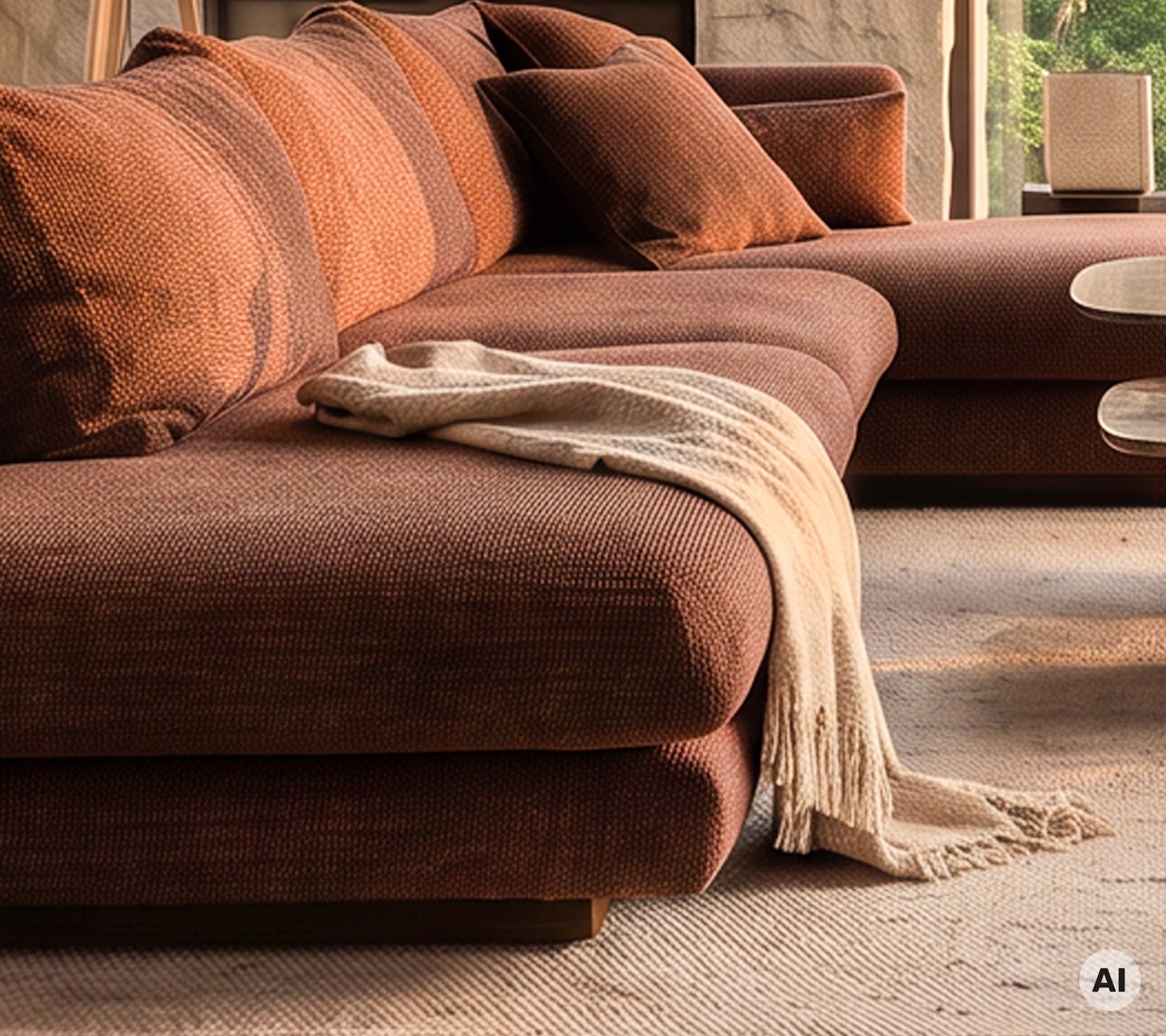 Moderne brun sofa med puder og et tæppe i en hyggelig stueindretning.